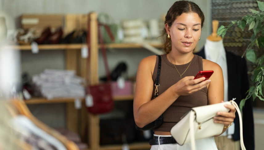 While shopping, girl scans barcode on label of handbag, verifies authenticity of eco-friendliness of clothing production. Responsible consumption..