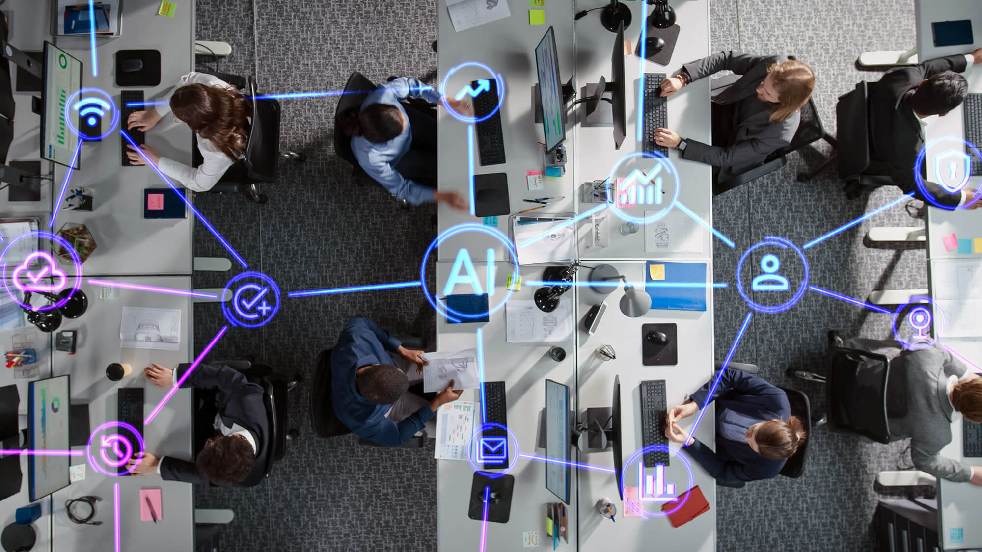 Artificial Intelligence and Machine Learning Tools Visualization Inside a Business Office. Professional Team of Managers Using Online Software for Commercial Daily Operations and Communication