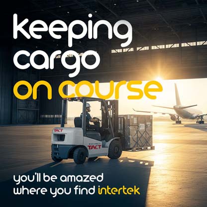A forklift with cargo approaching a plane outside a warehouse